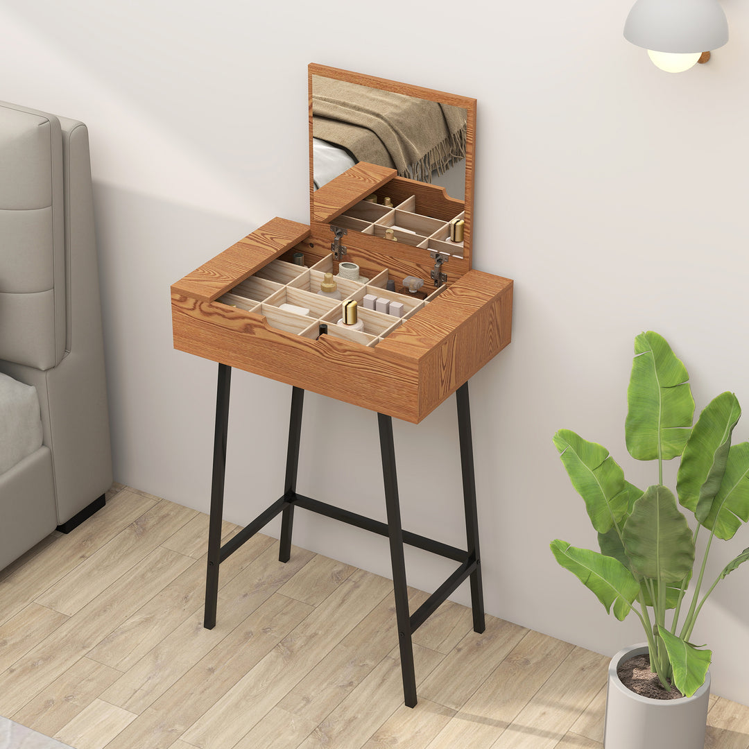 Vanity Desk with Flip-Up Mirror, Industrial Dressing Table with 16 Small Compartments for Bedroom, Natural Wood Effect