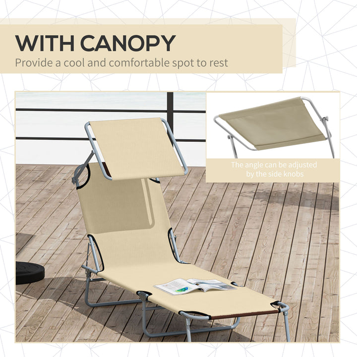 2 Pieces Outdoor Foldable Sun Lounger, 4 Level Adjustable Backrest Reclining Sun Lounger Chair with Angle Adjust Sun Shade Awning for Beach, Garden, Patio, Beige