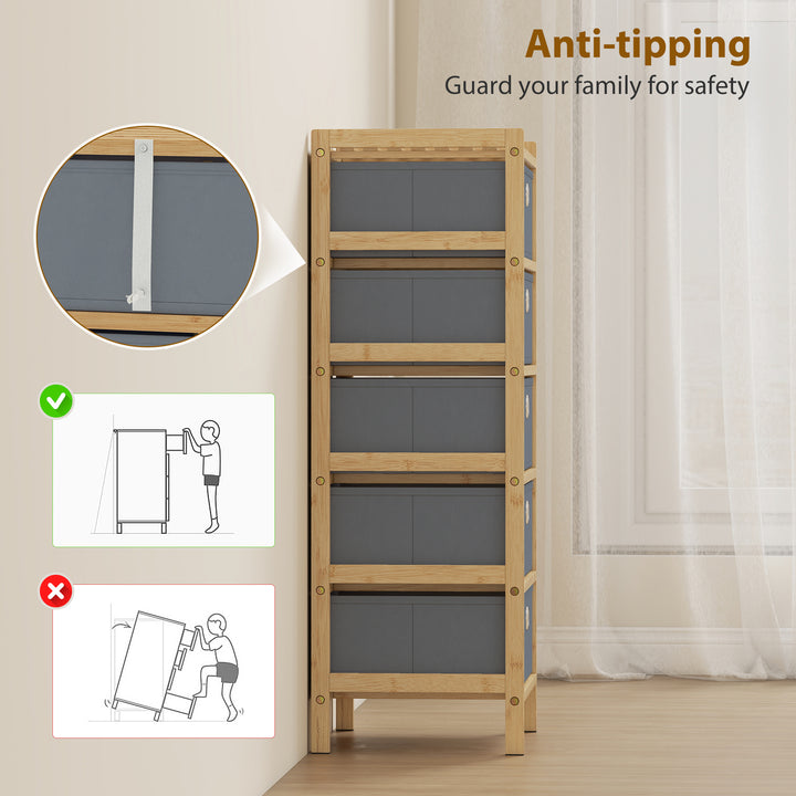 Chest of Drawers, 5 Fabric Drawers Narrow Dresser with Bamboo Frame, L