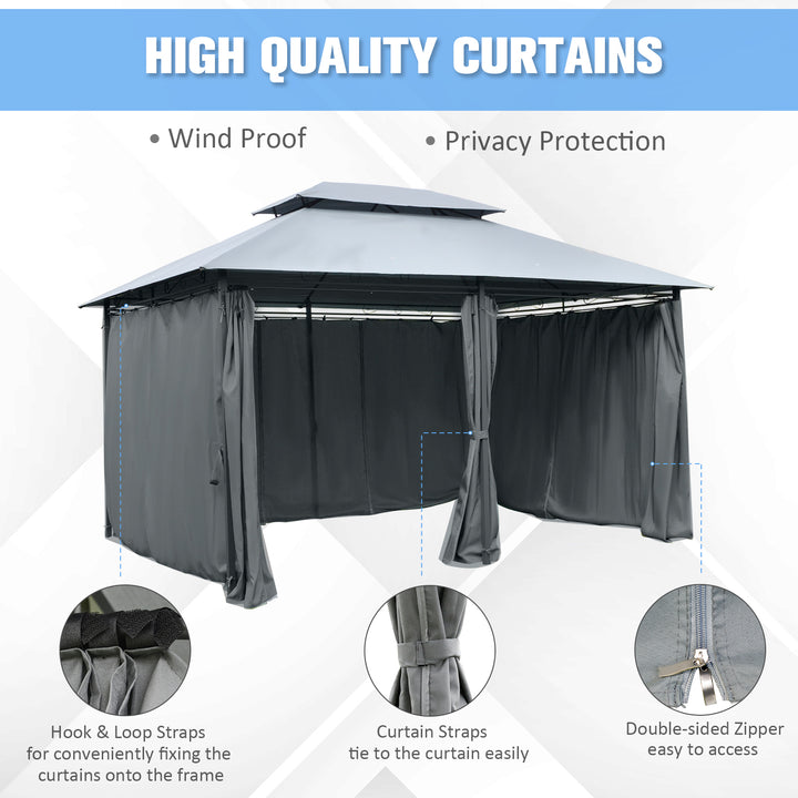 MCL 4m x 3(m)Garden Gazebo, Double Roof Outdoor Gazebo Canopy Shelter with Curtains, Solid Steel Frame for Lawn and Deck, Grey