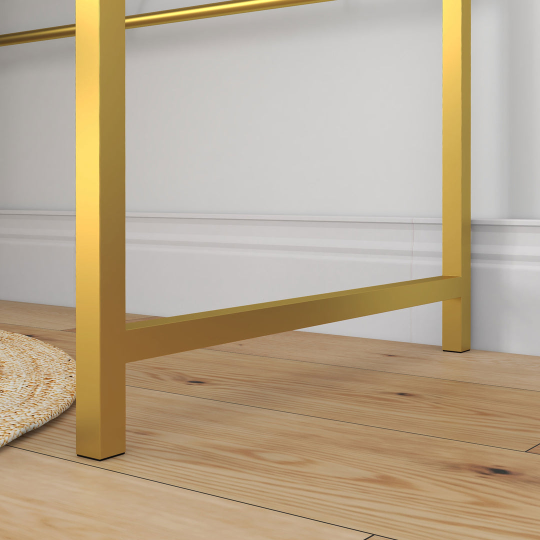 MCL Modern Dressing Table with Round Mirror, Vanity Makeup Desk with Open Storage, Faux Marble Texture and Steel Frame for Bedroom, White