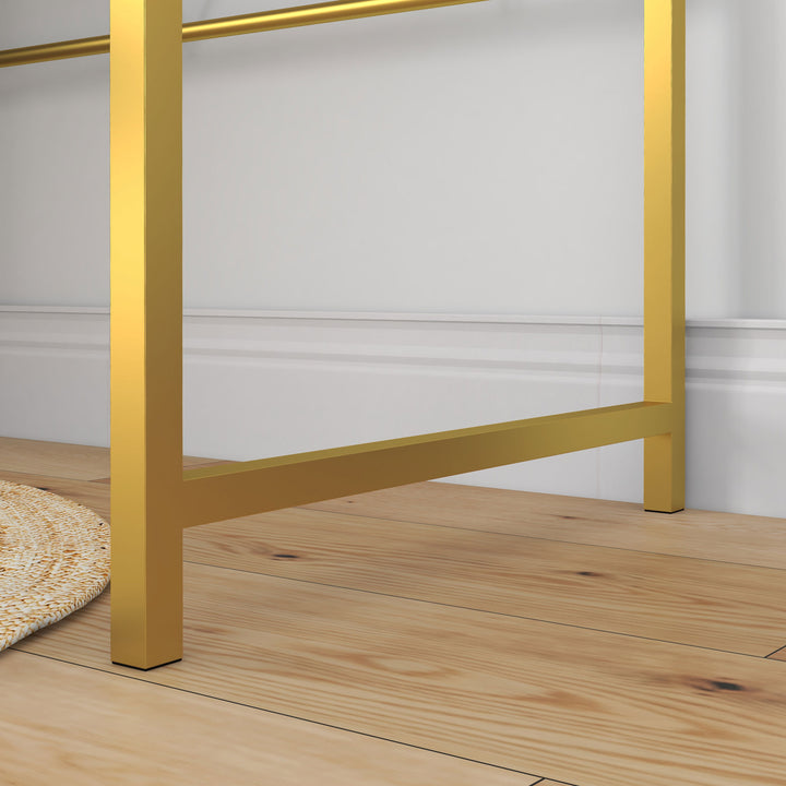 MCL Modern Dressing Table with Round Mirror, Vanity Makeup Desk with Open Storage, Faux Marble Texture and Steel Frame for Bedroom, White