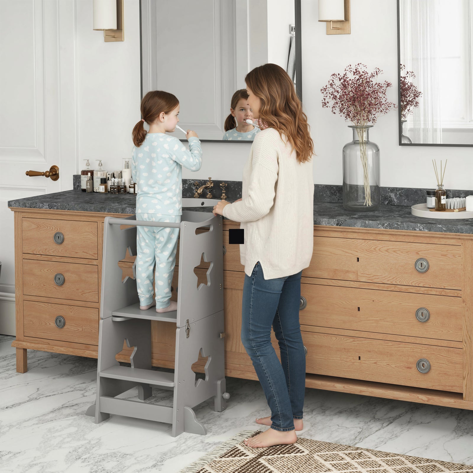 2-in-1 Toddler Step Stool with Safety Rail for Kitchen, Bathroom, Grey
