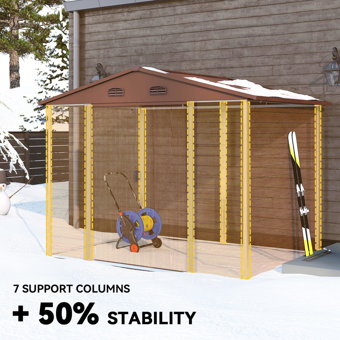 MCL 9 x 6ft Metal Garden Shed, House Hut Gardening Tool Storage with Ventilations, Sliding Door, Sloped Roof for Garden, Patio, Brown