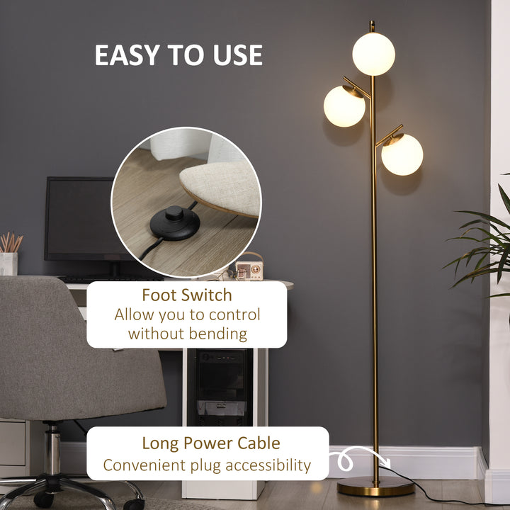 3-Light Tree Floor Lamps for Living Room, Modern Standing Lamp for Bedroom with Globe Lampshade, Steel Base, Bulb not Included, Gold Tone