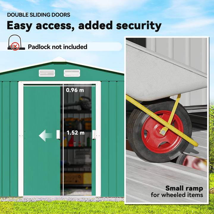 9 x 6ft Metal Garden Shed, Outdoor Storage Tool House with Ventilation Slots, Foundation Kit and Lockable Double Doors, Green