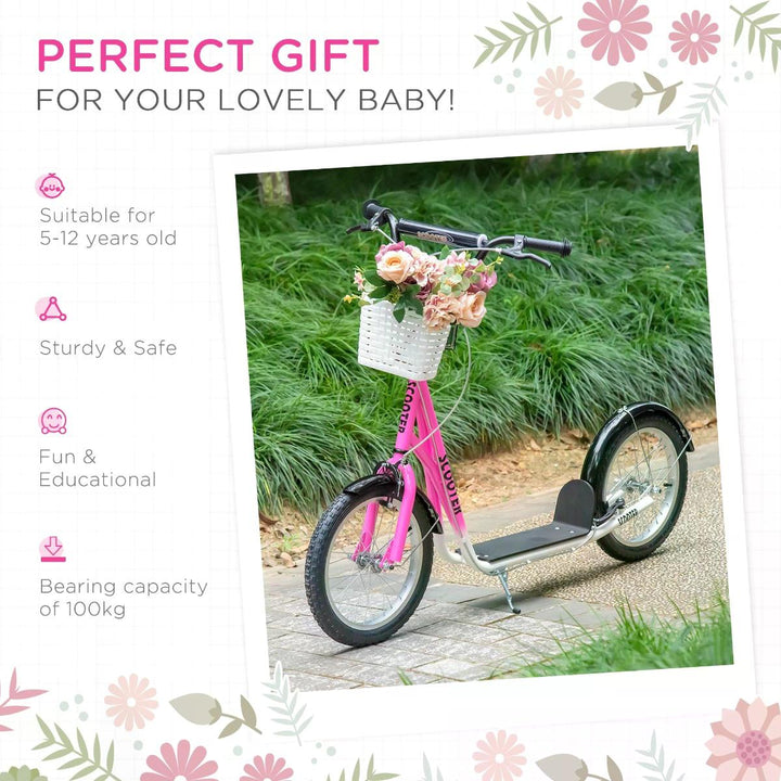 HOMCOM Kids Kick Scooter Teen Ride On Children Scooter with Adjustable Handlebar 2 Brakes Basket Cupholder Mudguard 16" Inflatable Rubber Tyres Pink