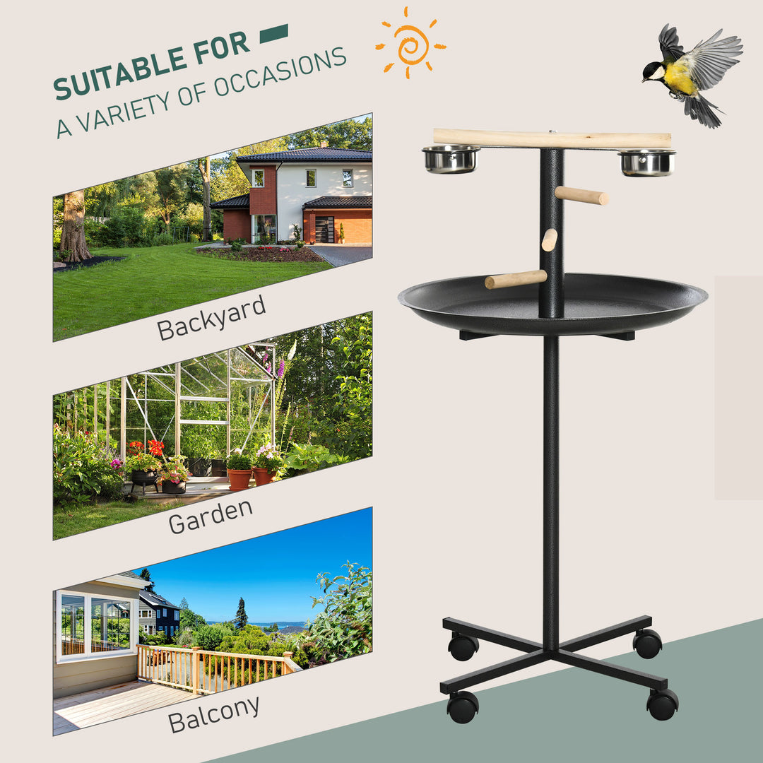 MCL Parrot Perch Stand, Large Bird Play Stand, Metal Bird Table Feeder Station with Stainless Steel Bowls, Four Wheels, Round Tray, Black
