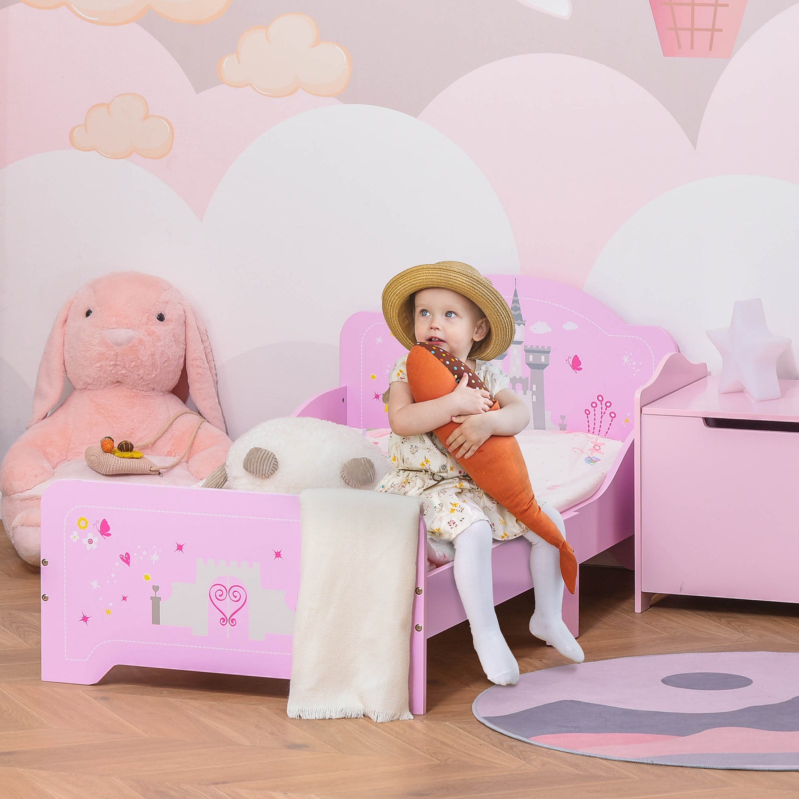 Kids Bed Princess Castle Theme w/ Side Rails Slats Home Furniture for 3 - 6 Yrs Pink 143 x 73 x 60 cm