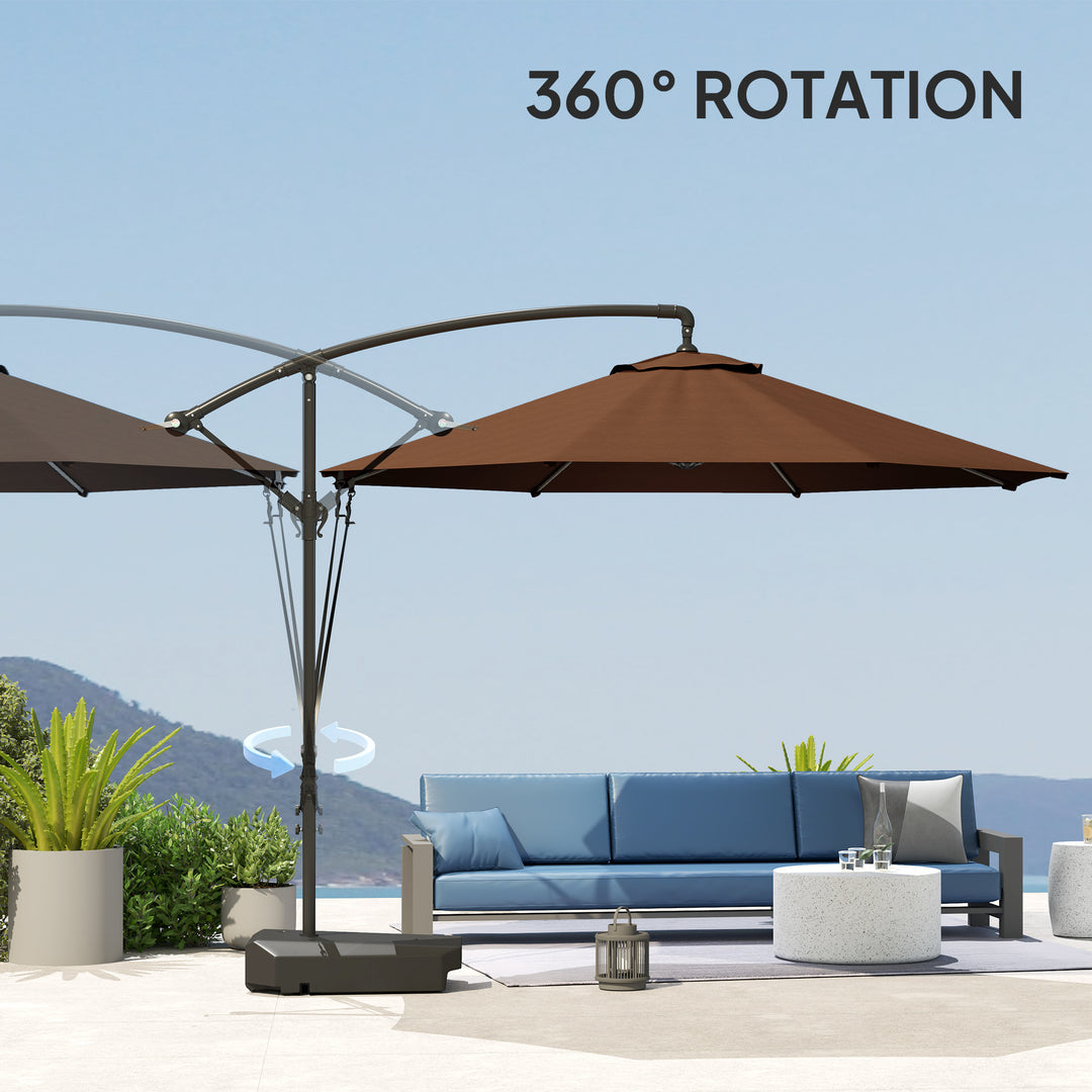3(m) Garden Cantilever Parasol with Fillable Base up to 90kg, Wind Protection Strap, Cover, Round Banana Hanging Umbrella with Crank Handle and Tilt, UPF50+ Patio Umbrella, Brown