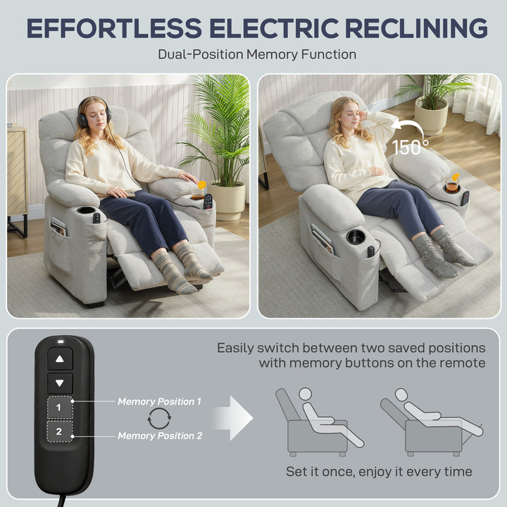 Electric Massage Recliner Armchair with Vibration, Heat, Whisper-Quiet Motor, Memory Function, Fleece Power Reclining Chair with Spring Pack, USB Port, Footrest, Side Pocket, Cup Holders