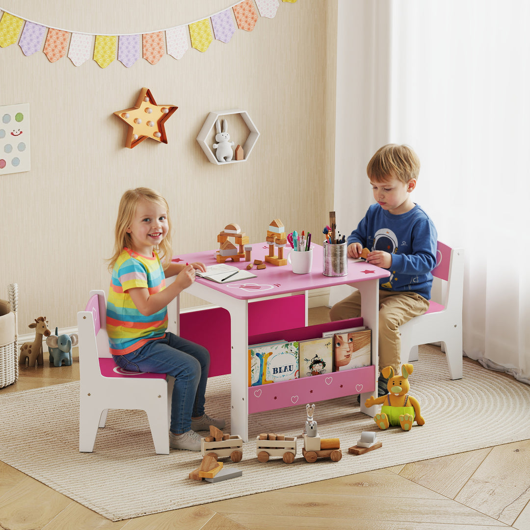 3 Pieces Kids Table and Chair Set, Toddler Activity Table with Bookshelves, for Living Room, Nursery, Playroom