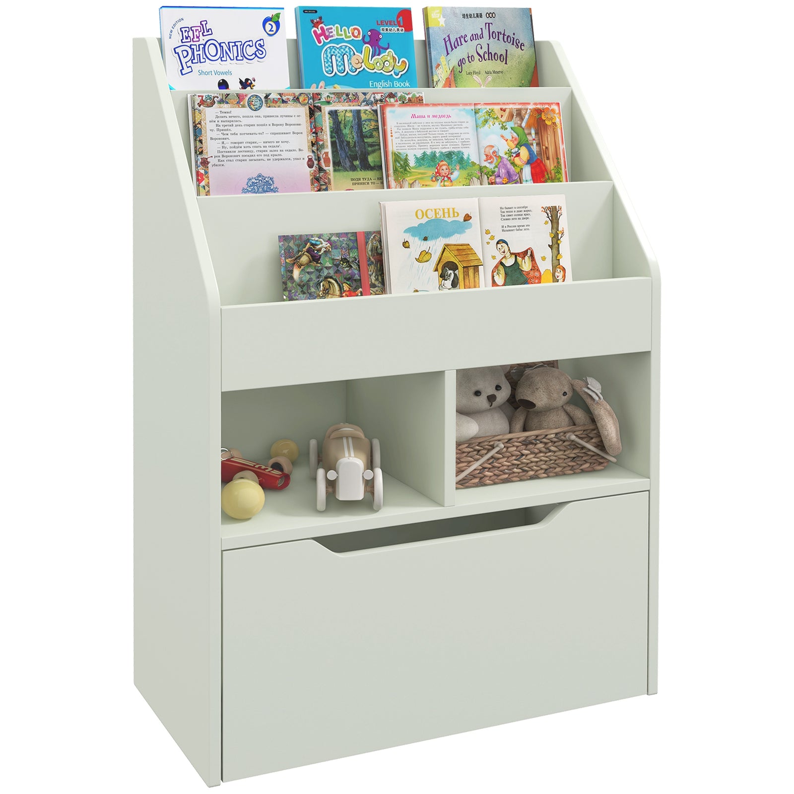 Kids Bookshelf, Toy Organiser, with Storage Drawer, Wheels - Green