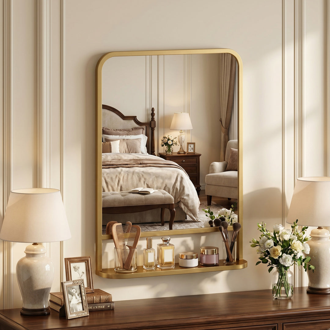 Modern Rectangular Wall Mirror with Storage Shelf, 70 x 50 cm, Gold To
