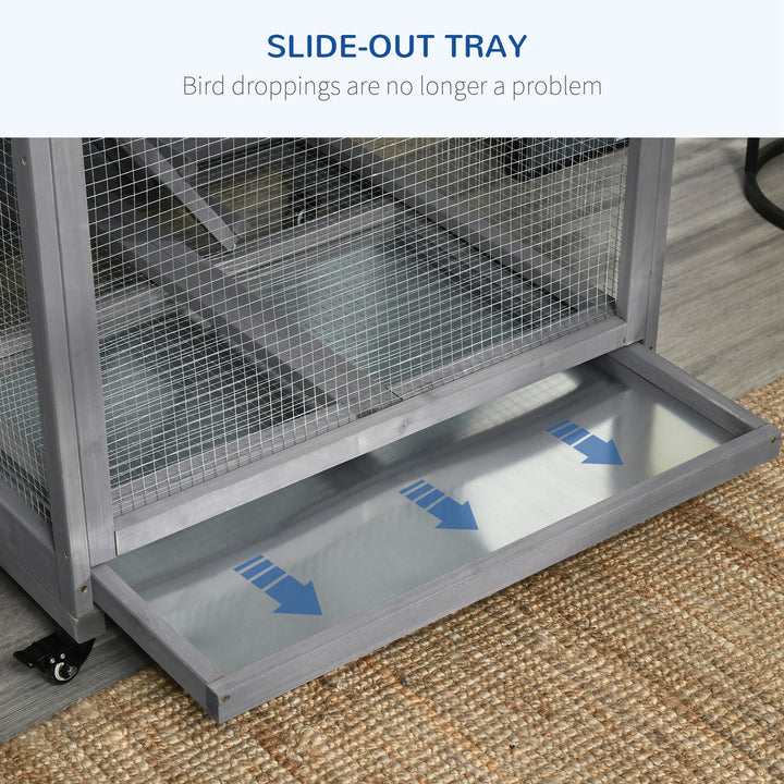 MCL Bird Cage budgie cage Wooden Outdoor Aviary with Wheels  for Canary Finch with Asphalt Roof Perch Nest Ladder Slide-out Tray, Grey