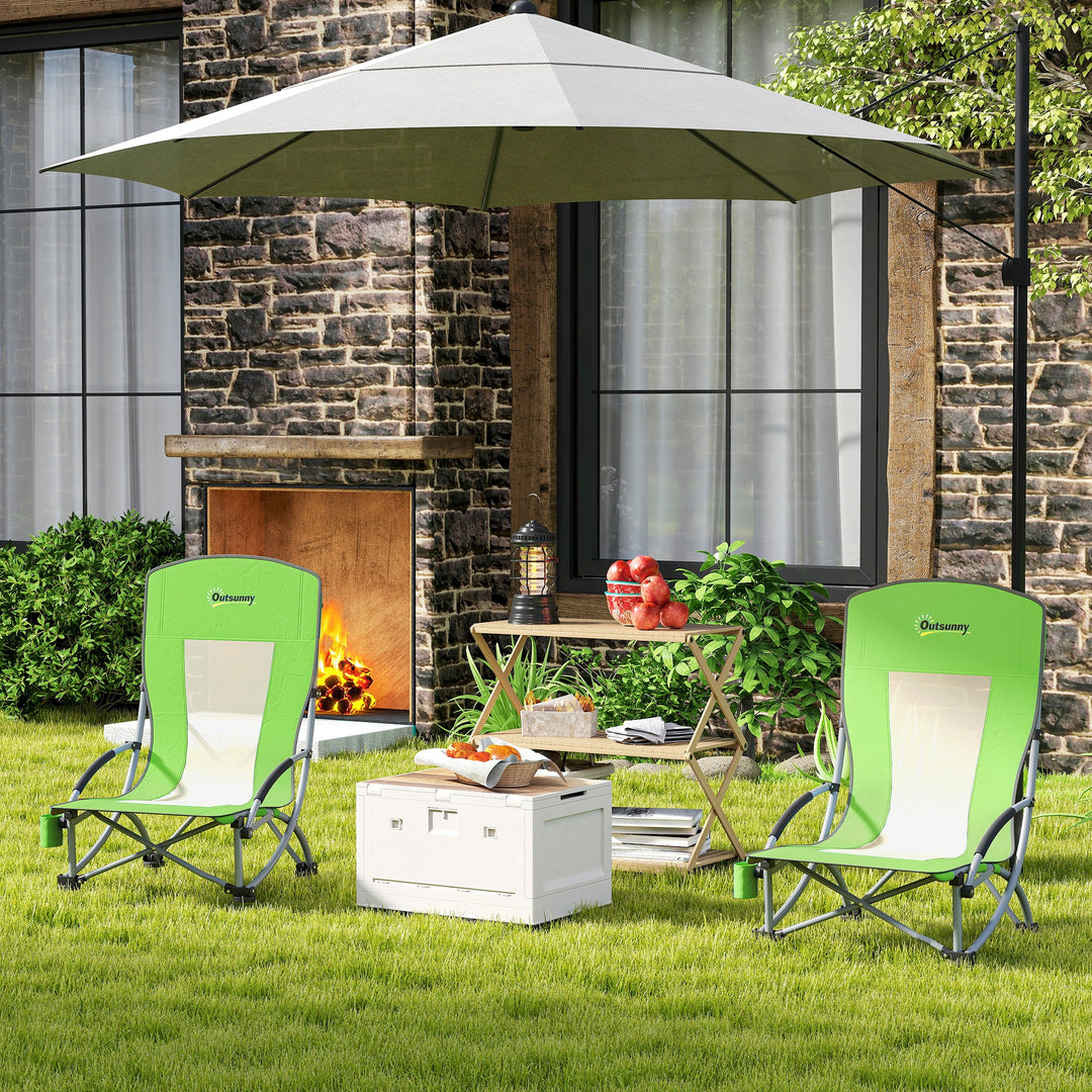 Set of 2 Folding Beach Chair, Low Camping Chair with Mesh Back, Carry Bag and Cup Holder for Garden Outdoor Picnic Festival Travel, Green