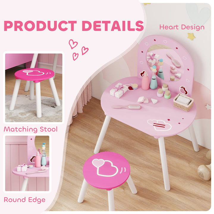 Kids Dressing Table with Mirror and Stool, Girls Vanity Set for Kids Room, Bedroom, Nursery, for Ages 3–6 Years