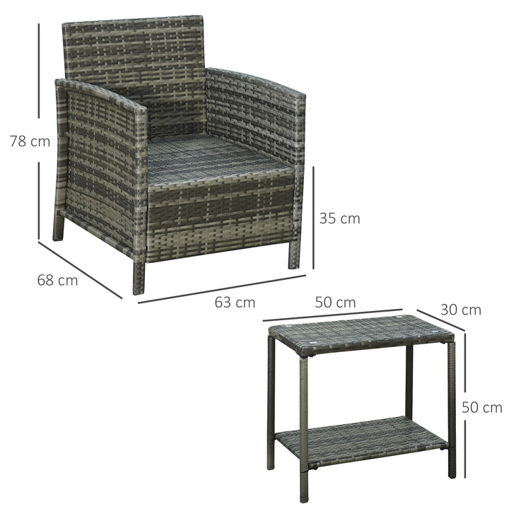 3 Pieces Rattan Bistro Set, Wicker Garden Furniture Set, Glass Top 2-tier Coffee Table and Chairs Set with Pillows and Washable Cushions for Outdoor, Patio, Balcony, Grey
