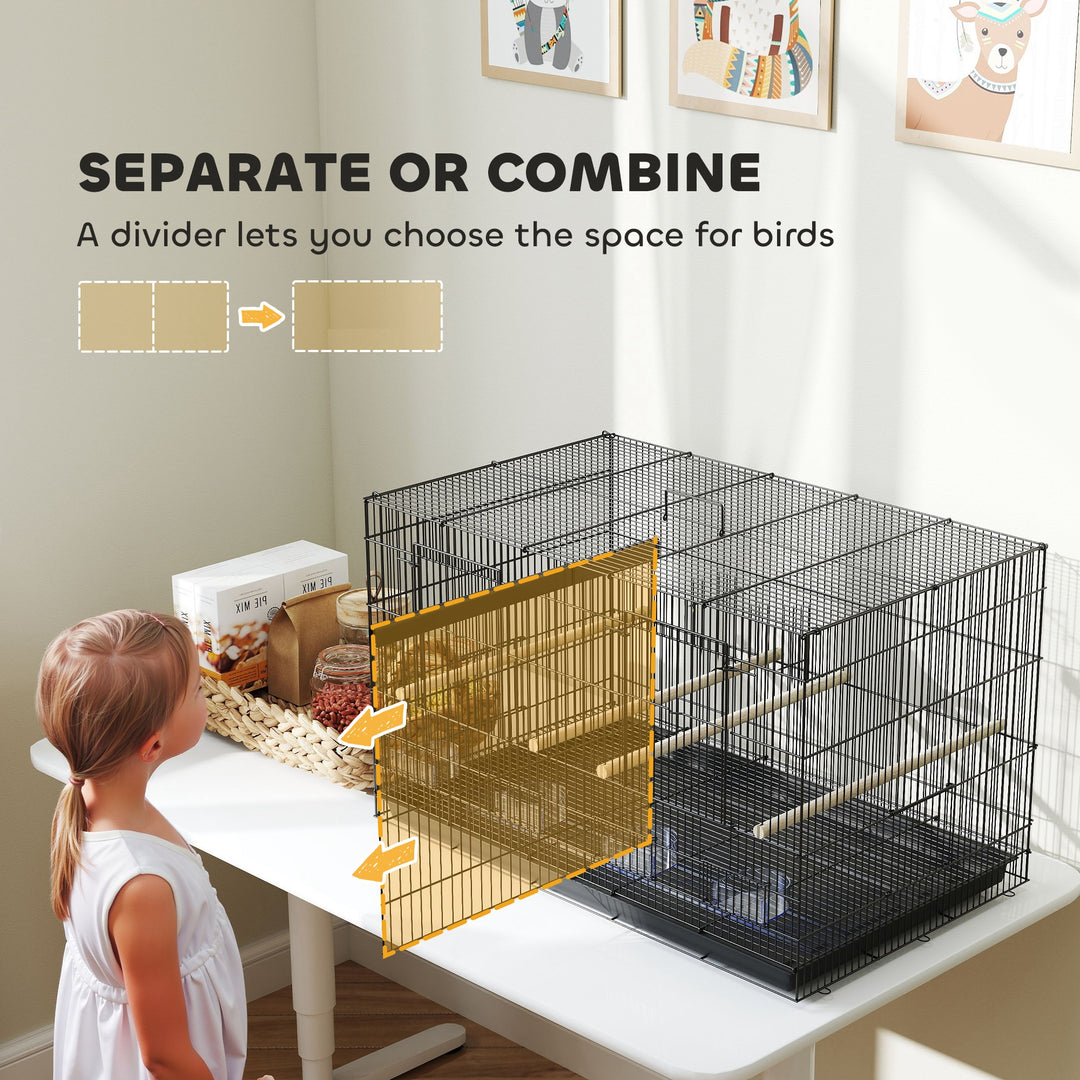 Bird Cage with Divider, 4 Wooden Perches, Slide Out Tray, 4 Feeders, for Budgie, Lovebird, Canary, 76 x 46 x 46cm, Black
