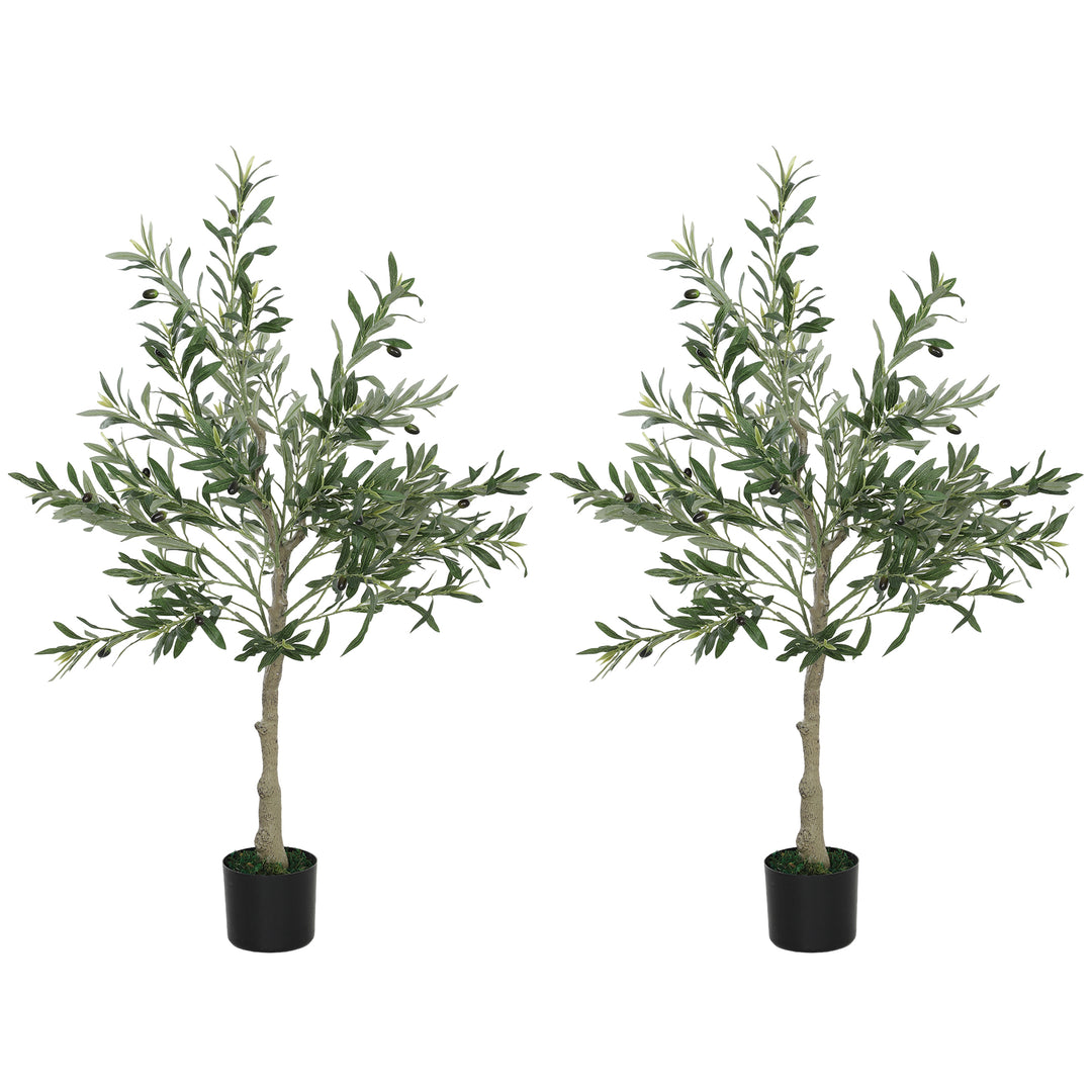 Set of 2 4ft/ 120cm Decorative Artificial Plant, Silk Olive Tree with 450 Leaves and 20 Olive Fruits in Pot, Fake Plant for Home, Office, Living Room, Indoor Decor