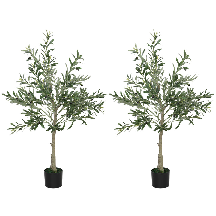 Set of 2 4ft/ 120cm Decorative Artificial Plant, Silk Olive Tree with 450 Leaves and 20 Olive Fruits in Pot, Fake Plant for Home, Office, Living Room, Indoor Decor