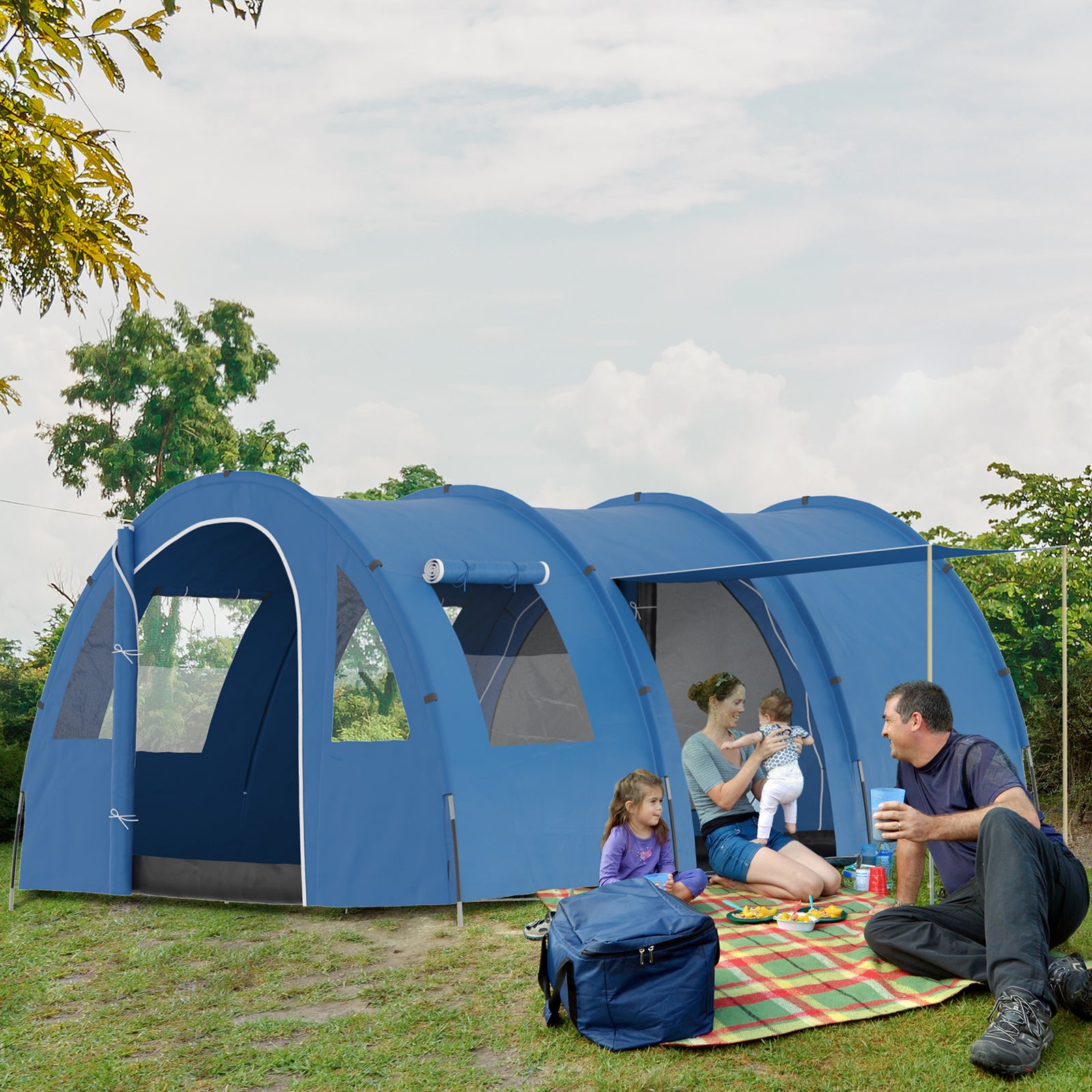 5-6 Man Camping Tent with 2 Room, Floor and Carry Bag - Blue