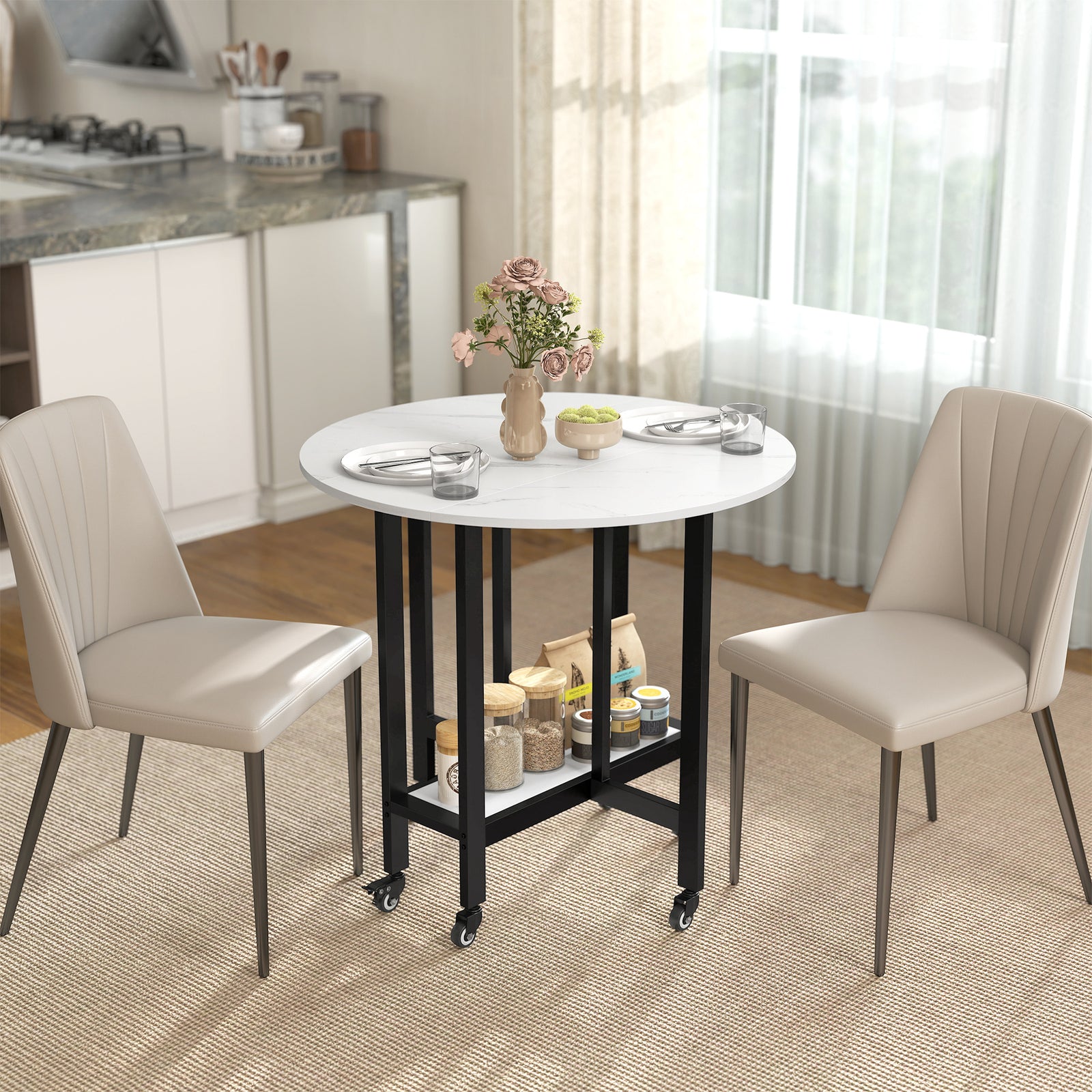 Folding Dining Table, Drop Leaf Table with Open Shelf, Rolling Kitchen