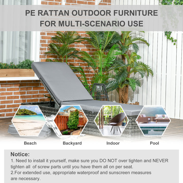 Outsunny PE Rattan Sun Loungers set of 2 w/ Cushion, 2 Pcs Garden Sunbed Furniture w/ 5