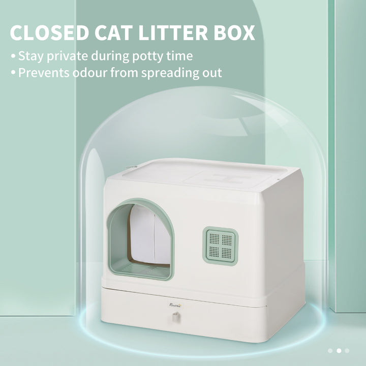 PawHut Hooded Cat Litter Box: Drawer Pan, Scoop & Deodorants, Front Entry, 50 x 40 x 40 cm, White | Aosom UK