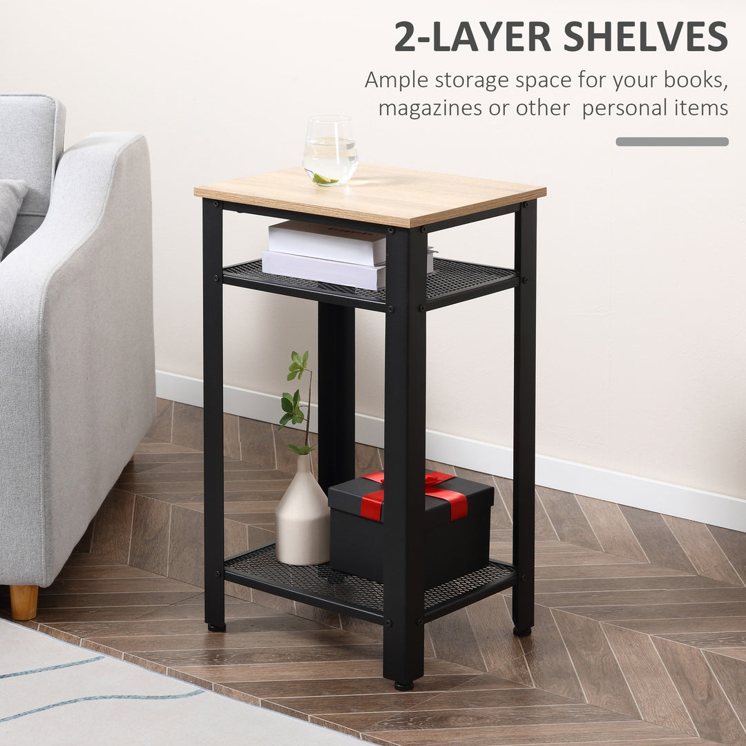 Tall Side Table Set of 2 with 3 Layer, 2 Shelves Storage Display Industrial-Style, Metal Frame, Bedside End Table for Living Room Bedroom, Oak and Black