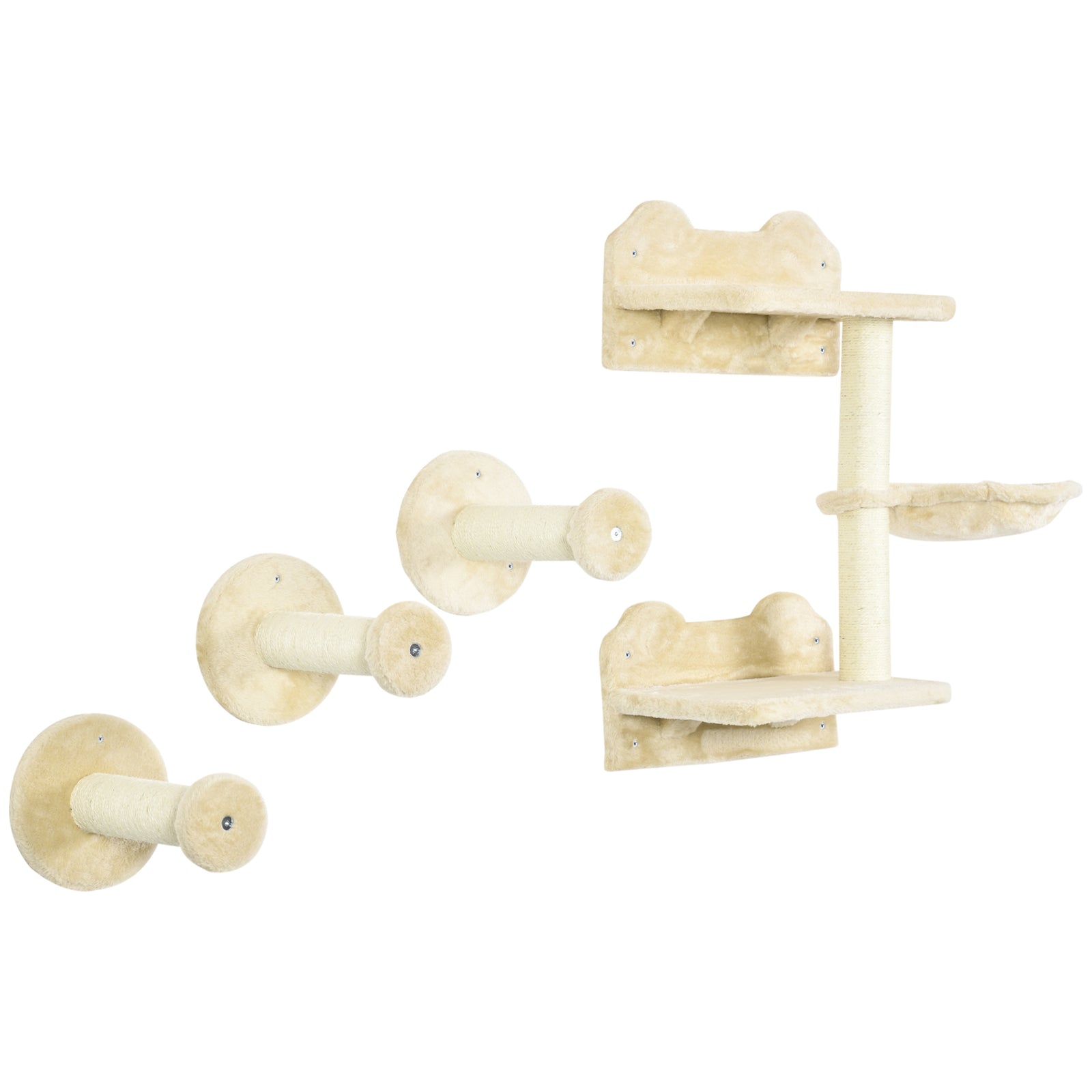 4 Piece Cat Shelf with Scratching Post, Wall-Mounted Cat Tree for Indoor Cat - Beige