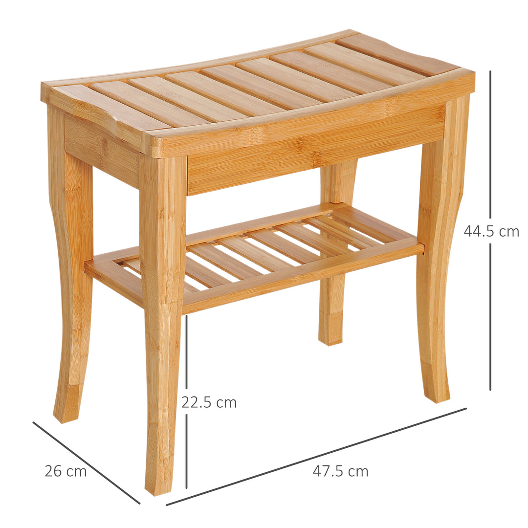 45cm 2-Tier Slatted Shower Bench Storage Seat w/ 4 Legs Comfortable Safe Bathroom Stool Spa Bath Organiser