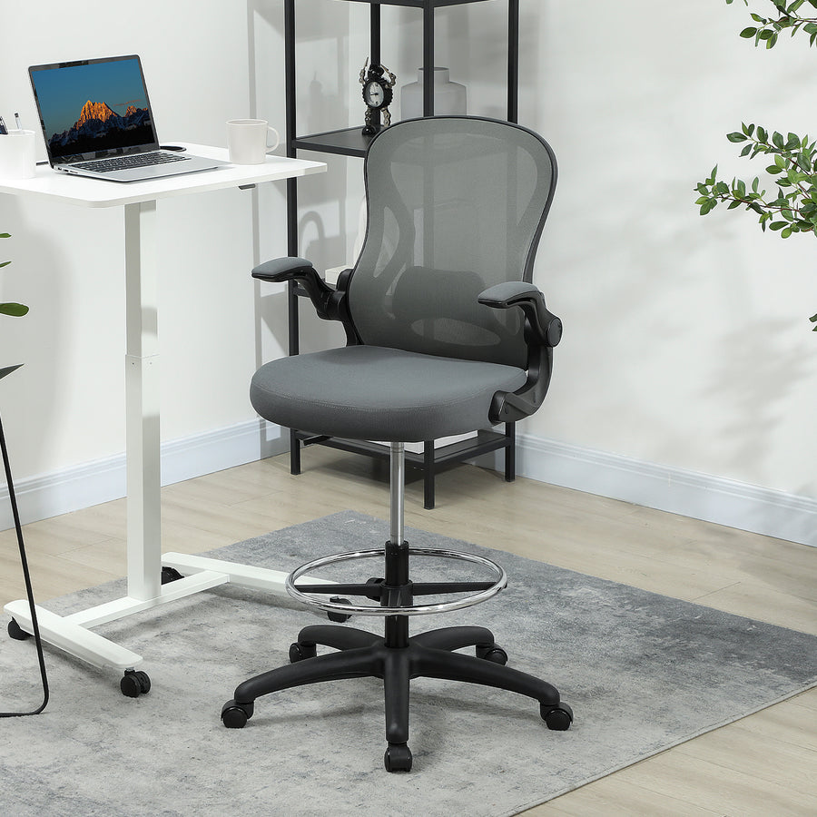 Draughtsman Chair with Flip-up Armrests, Mesh Standing Desk Chair with Lumbar Support and Adjustable Foot Ring for Bar Counter, Charcoal Grey