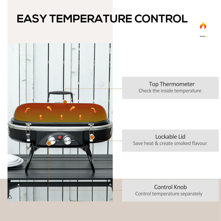 Foldable Gas BBQ Grill 2 Burner Table Top Barbecue with Lid Piezo Ignition Thermometer for Camping Picnic Cooking, Aluminium Alloy