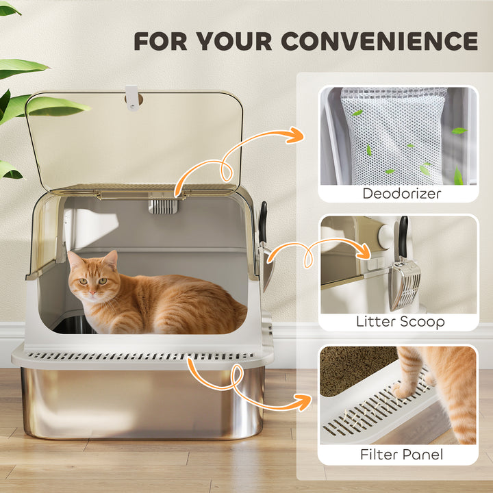 XXL Stainless Steel Cat Litter Tray, Enclosed Cat Litter Box with 90° Flip Cover, Double Doors, Scoop, Easy Clean