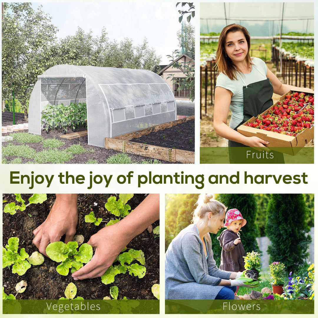 4 x 3 x 2 m Polytunnel Greenhouse with Roll-up Side Walls, Walk-in Grow House Tent with Steel Frame, Reinforced Cover, Zipped Door and 12 Mesh Windows for Garden, White
