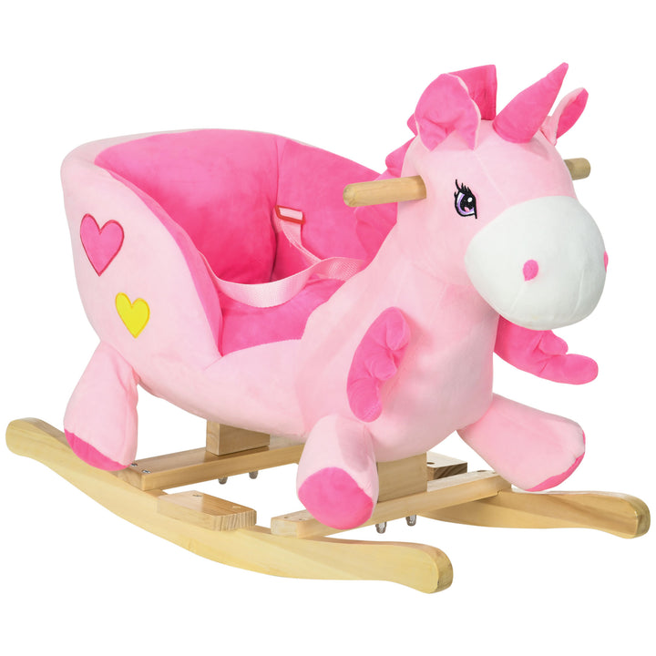 HOMCOM Kids Rocking Horse Ride on Unicorn with Songs, Wooden Base, Seat Belt, for 18-36 Months