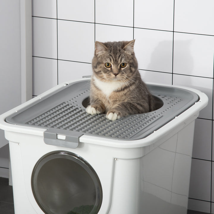 MCL Cat Litter Box, Pet Toilet, Enclosed Kitten Pan with Front Entrance Top Exit, High Side, Scoop, White