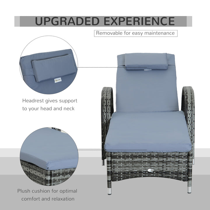 2PC Rattan Sun Lounger Recliner Bed Reclining Chair Patio Garden Outdoor Wicker Weave Adjustable Headrest with Fire Retardant Cushion – Grey