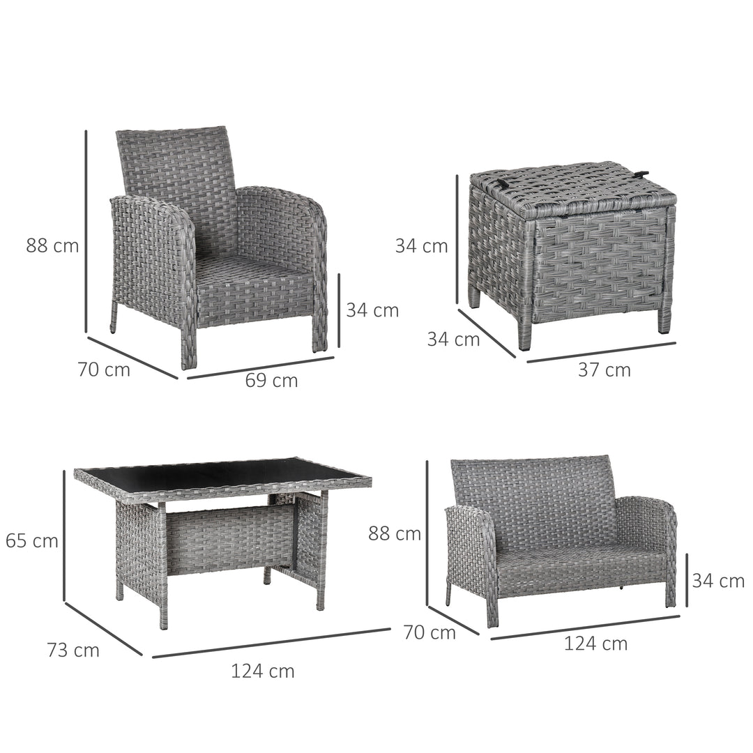 6 Pieces Rattan Garden Furniture Set, 6 Seater Garden Sofa Set with Glass Top Dining Table, Loveseat, 2 Armchairs and Ottomans, Wicker Outdoor Conservatory Furniture for Patio, Grey