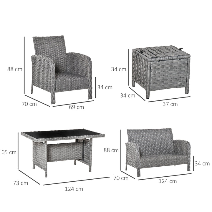 6 Pieces Rattan Garden Furniture Set, 6 Seater Garden Sofa Set with Glass Top Dining Table, Loveseat, 2 Armchairs and Ottomans, Wicker Outdoor Conservatory Furniture for Patio, Grey