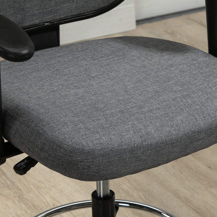 Vinsetto Tall Office Drafting Chair, Fabric, Adjustable Footrest Ring, Arm, Swivel Wheels for Standing Desk, Grey