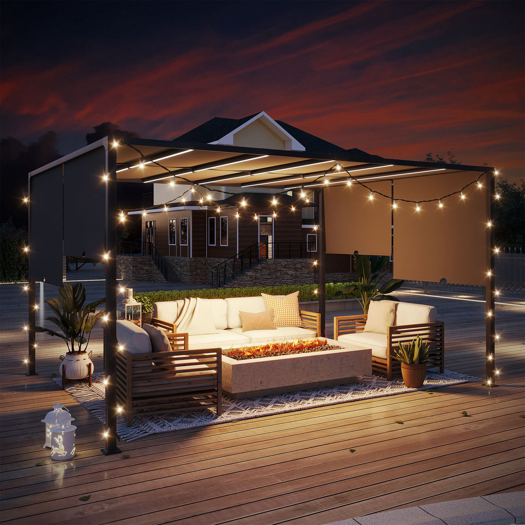 3(m) x 4m Metal Pergola with LED Lights, Outdoor Garden Pergola with Sliding Roof, Solar Powered, for BBQ, Lawn, Dark Grey