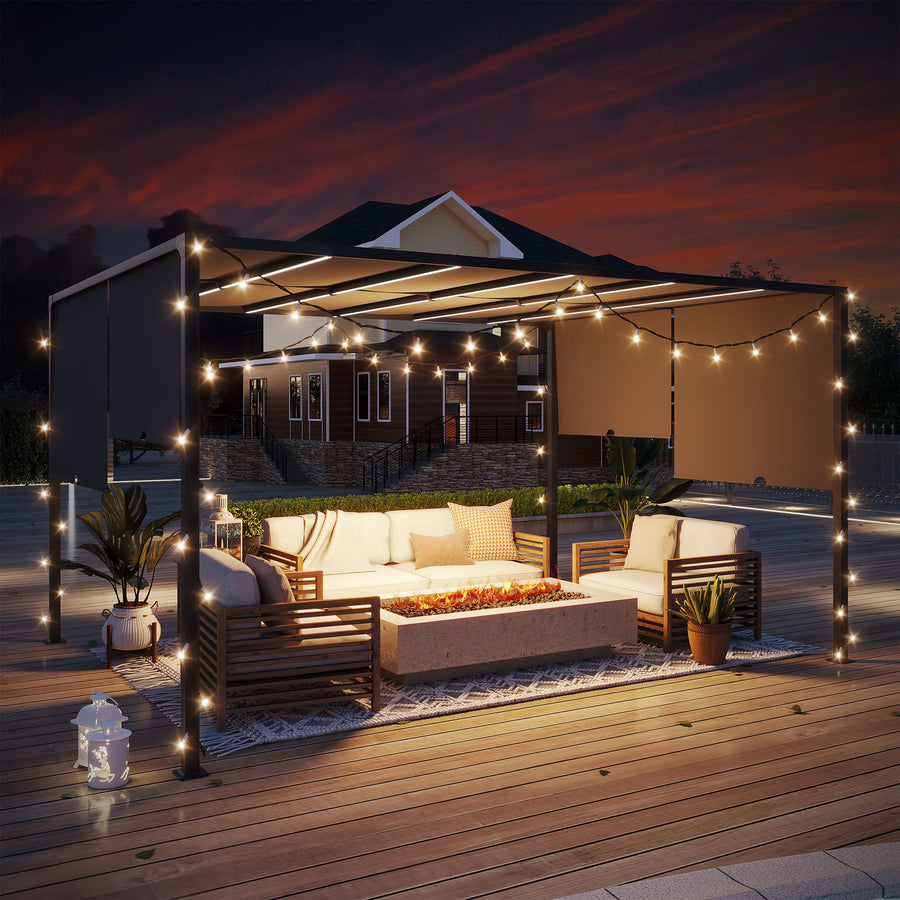 3(m) x 4m Metal Pergola with LED Lights, Outdoor Garden Pergola with Sliding Roof, Solar Powered, for BBQ, Lawn, Dark Grey