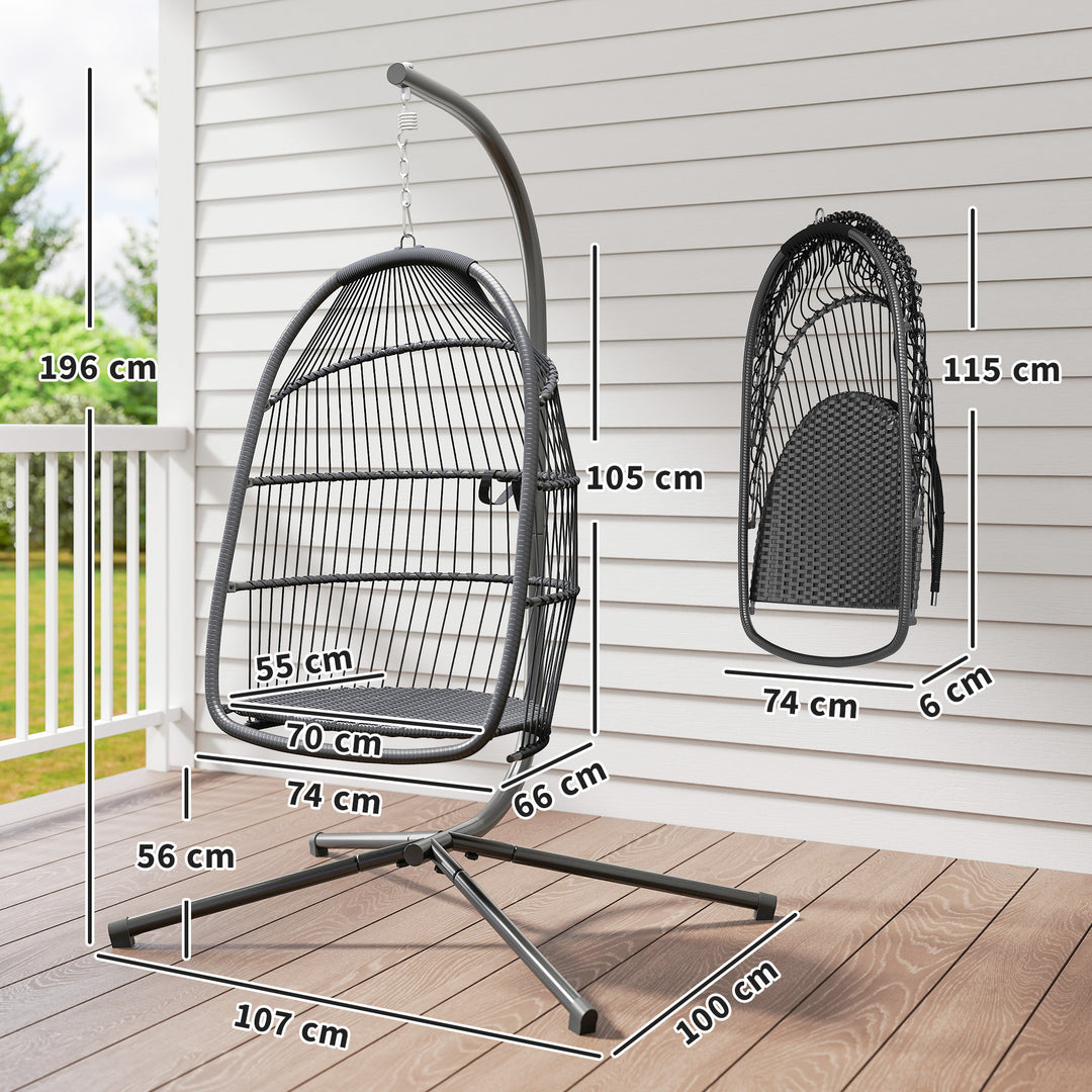 Rattan Hanging Egg Chair with Stand, Foldable Wicker Swing Egg Chair with Cushion, Head Pillow, Steel Frame, Hammock Chair for Indoor Outdoor, Capacity 150 kg, Dark Grey