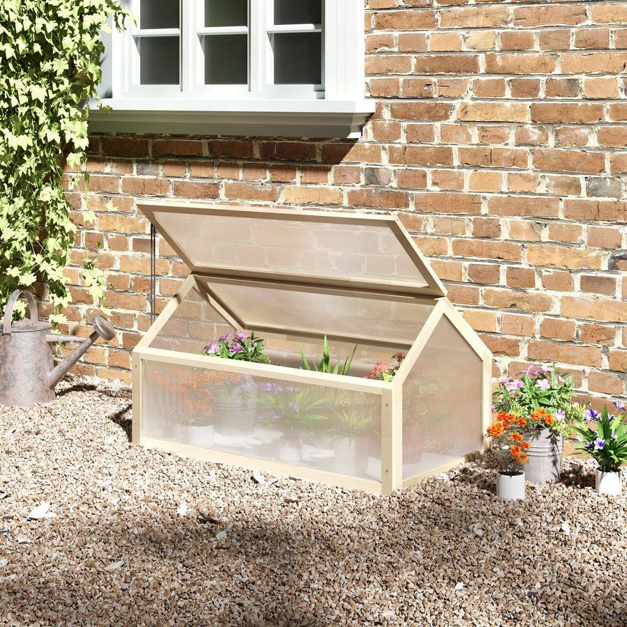 Wooden Cold Frame Garden Polycarbonate Greenhouse with Openable Top Cover, Grow House for Flowers, Vegetables, Plants, 90 x 52 x 50cm, Natural