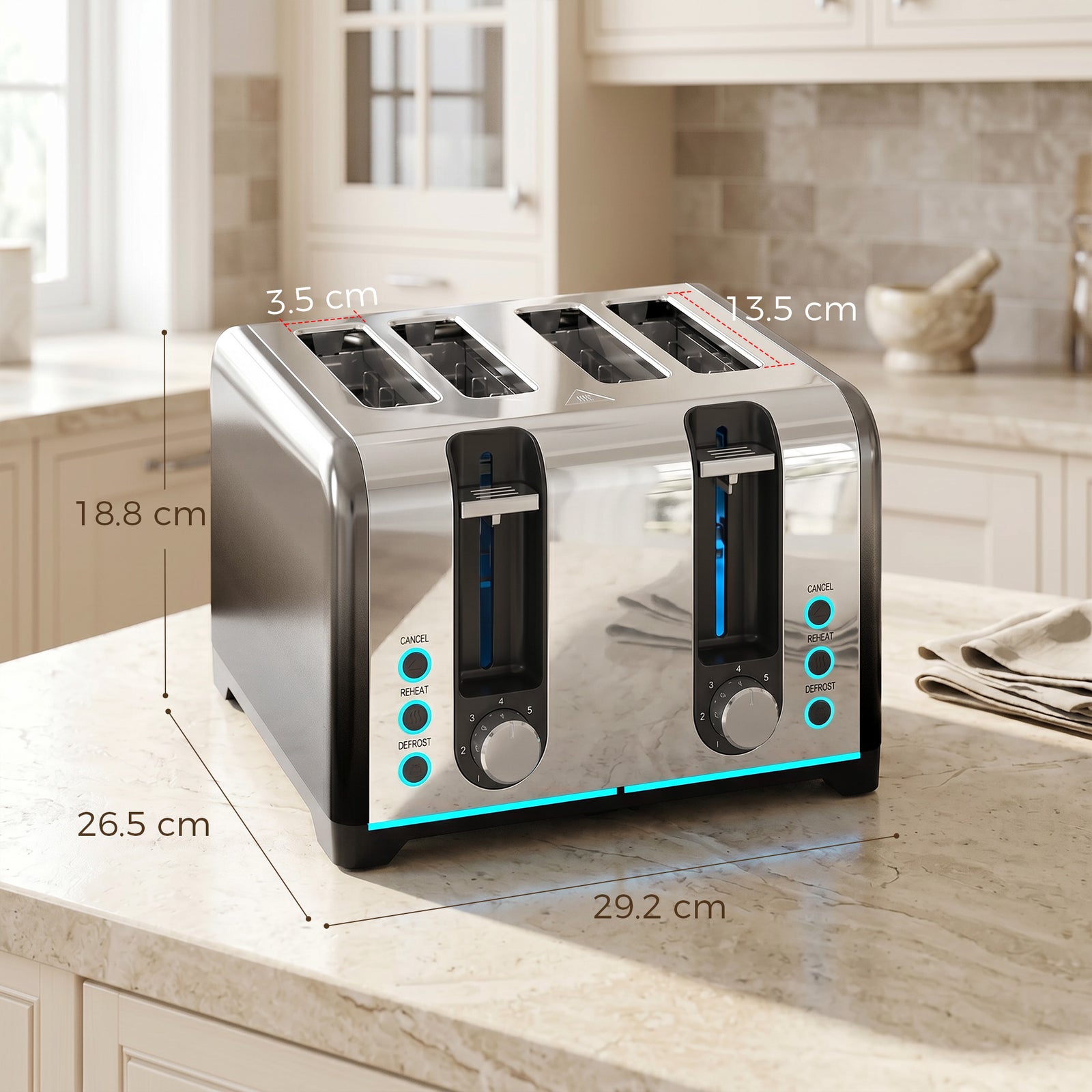 4 Slice Toaster with 7 Browning Levels, Reheat, Defrost and Cancel Fun