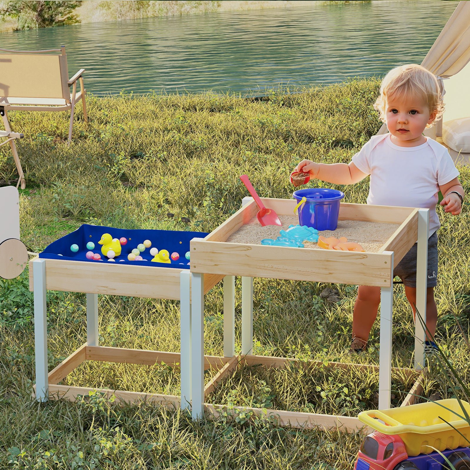 2 PCS Wooden Outdoor Sand and Water Play Tables with Bottom Liner for 