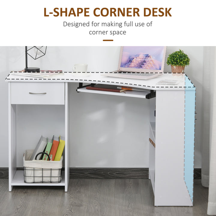 HOMCOM L-Shaped Desk: Shelves, Keyboard Tray, Drawer & CPU Stand for Home Office or Study, Pristine White | Aosom UK