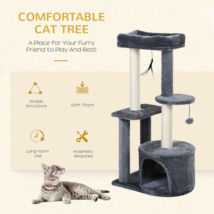 PawHut Cat Tree Tower: Multi-Activity Centre with Perch, House, Scratching Post, Play Ball & Rest Area, Grey & White | Aosom UK